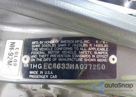 1987 Honda Civic 1.5 from USA, damaged, VIN 1HGEC4633HA077250